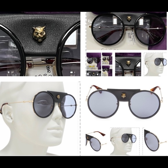 GUCCI UNISEX ROUND SUNGLASSES WITH DETACHABLE BLACK LEATHER & LOGO TIGER HEAD - Picture 14 of 16